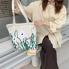 Canvas Shoulder Bag Flower Print Tote Handbag Large Capacity