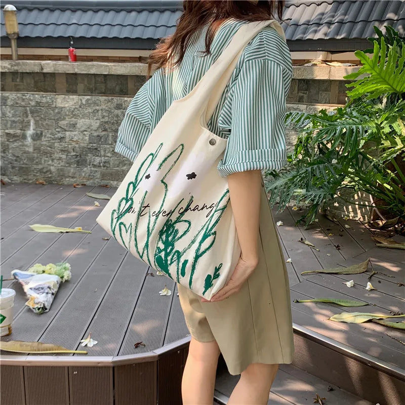 Canvas Shoulder Bag Flower Print Tote Handbag Large Capacity