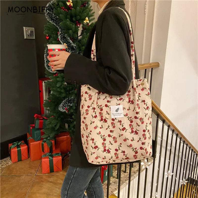 Corduroy Snap Button Shoulder Bag Large Capacity Tote Female Handbags