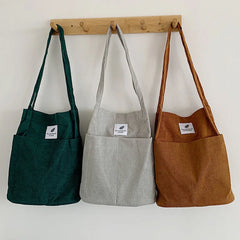 Corduroy Snap Button Shoulder Bag Large Capacity Reusable Shopping Bag