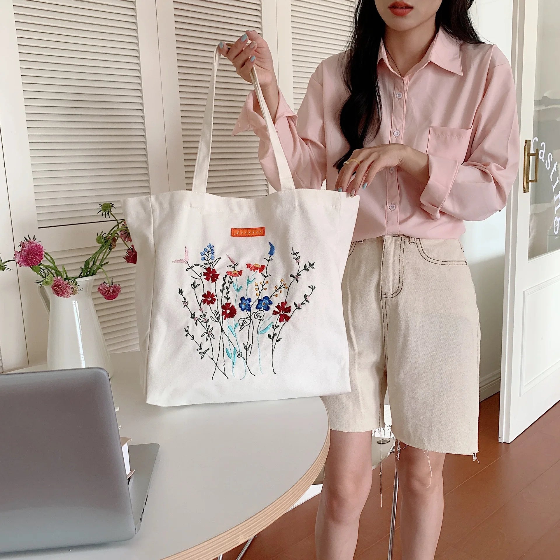 Floral Shoulder Bag Large Capacity Canvas Shopping Bag