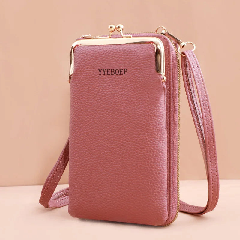 Soft Leather Cell Phone Bag Large Capacity Zipper Handbag
