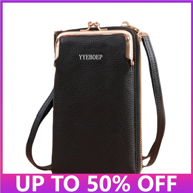 Soft Leather Cell Phone Bag Large Capacity Zipper Handbag