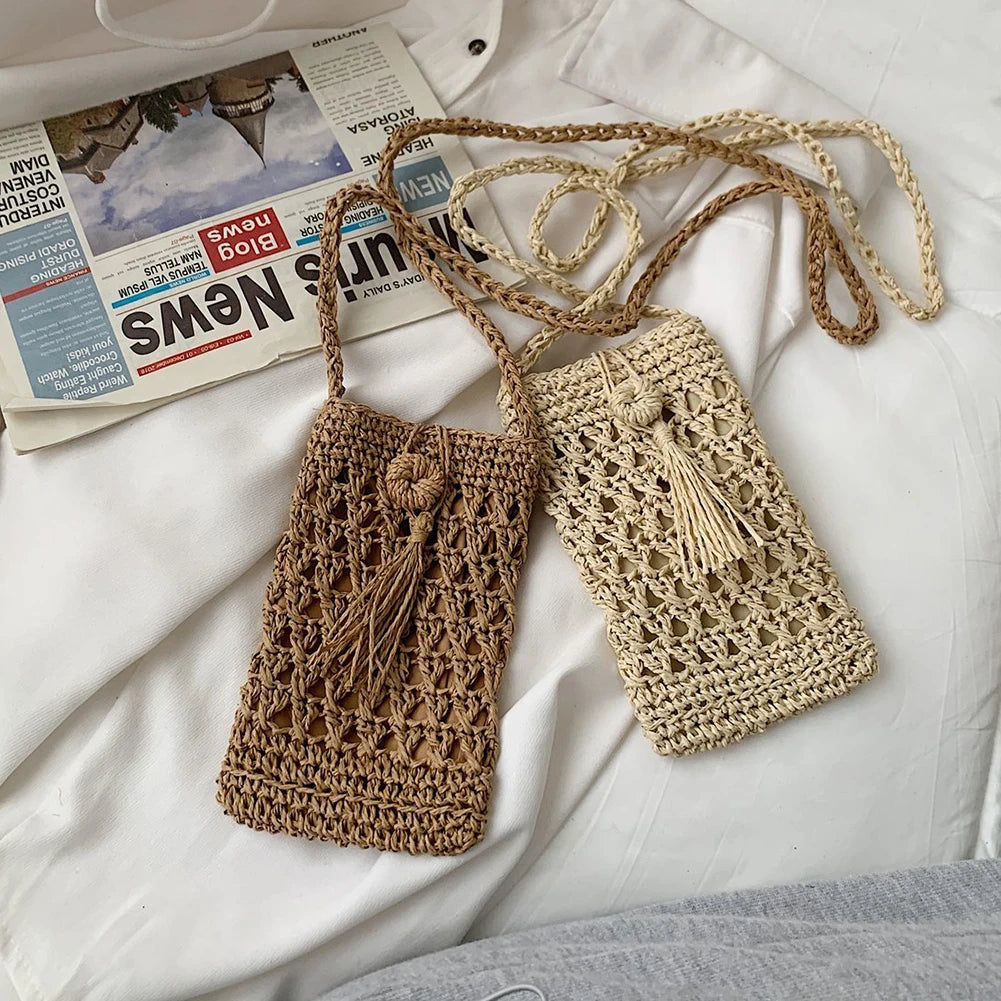 Beach Mobile Phone Bag Summer Mini Crossbody Vintage Female Straw Tassel Bag