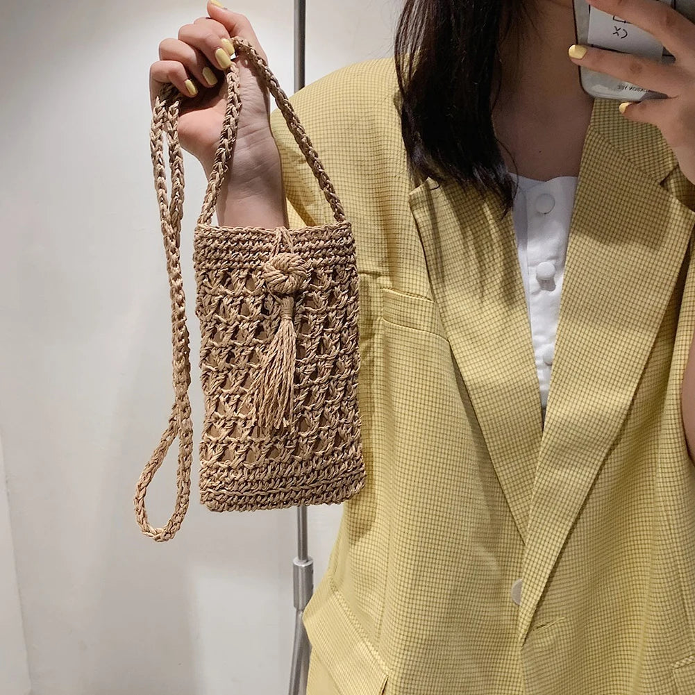 Beach Mobile Phone Bag Summer Mini Crossbody Vintage Female Straw Tassel Bag