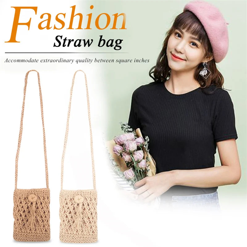 Straw Tassel Crossbody Bag for Summer Beach with Mobile Phone Compartment
