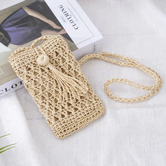 Straw Tassel Crossbody Bag for Summer Beach with Mobile Phone Compartment