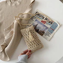 Summer Straw Tassel Bag Mini Crossbody Beach Mobile Phone Bag