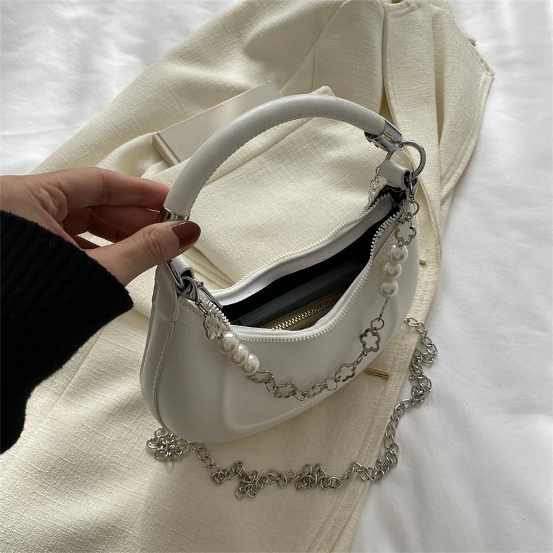 Women's Bead Chain Handbag Solid Shoulder Bag PU Leather Crossbody Tote Purse