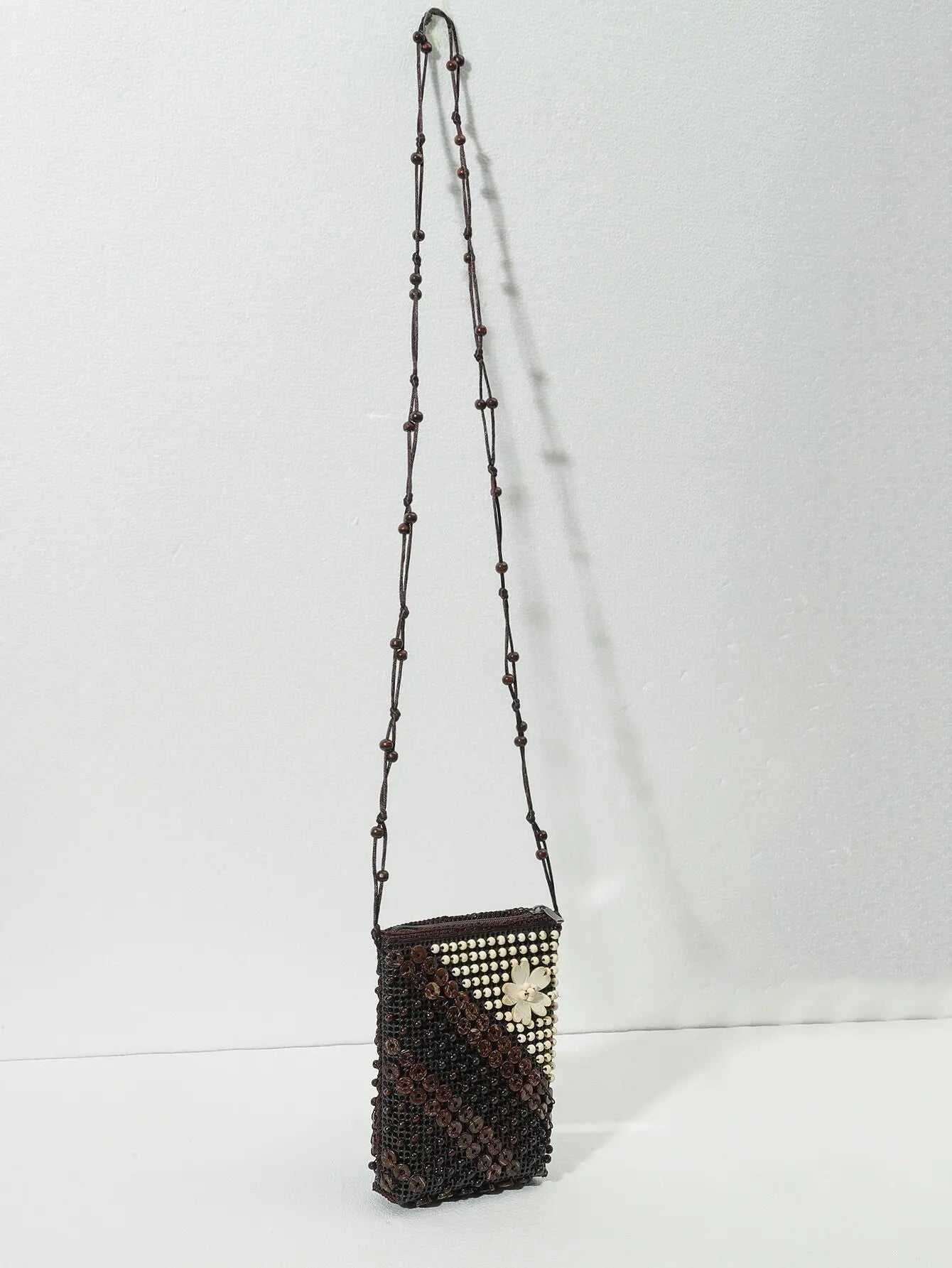 Retro Beaded Shoulder Bag Crossbody Mini Money Bag Flower Appliques Handbag