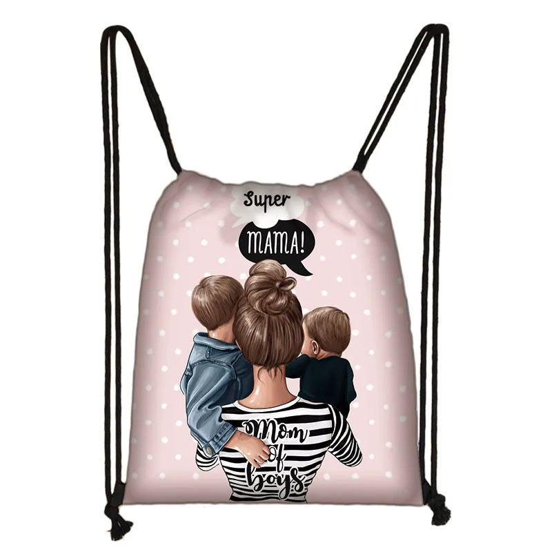 Mom Princess Girls Drawstring Bag Rucksack Women Canvas Ladies Storage Bags