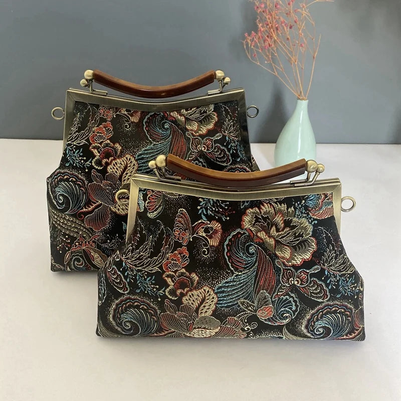 Vintage Flowers Bag Shell Lock Hand Chain Bags for Women Shoulder Crossbody Bag