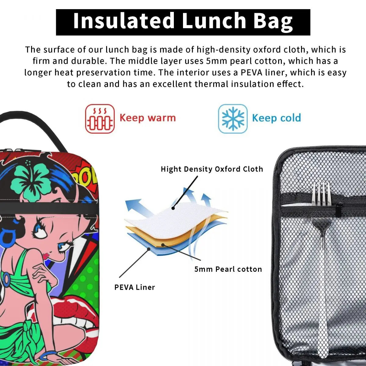 Betty Anime Pop Art Insulated Lunch Bag Leakproof Cooler Thermal Bento Box