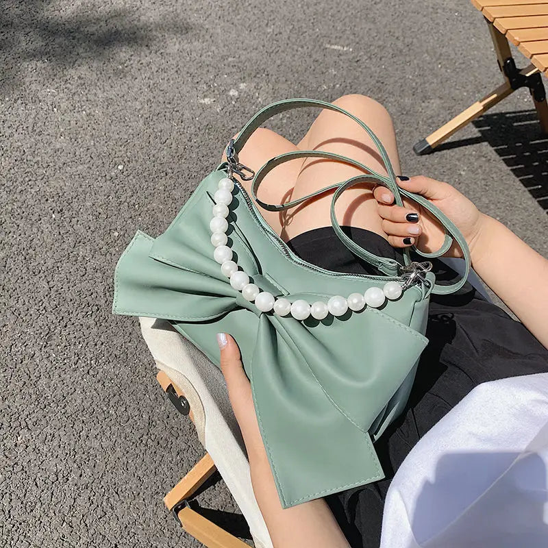 Big Bow Shoulder Bags Women Ins Sweet Pearls Streetwear Handbag