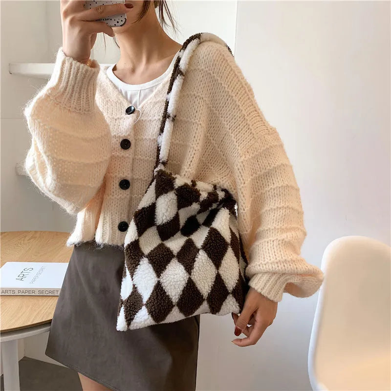 Furry Plaid Tote Bag Large Capacity Casual Handbag