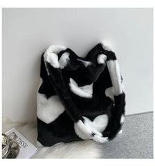 Furry Plaid Tote Bag Large Capacity Casual Handbag