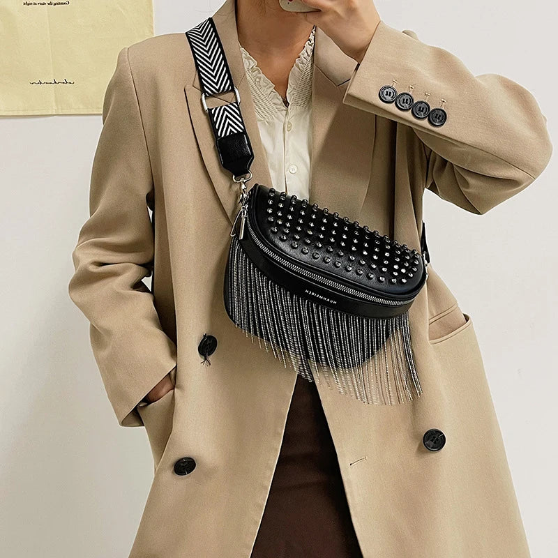 Big Woman Bling Chest Bag PU Tassel Leather Large Capacity