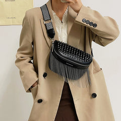 Big Woman Bling Chest Bag PU Tassel Leather Large Capacity