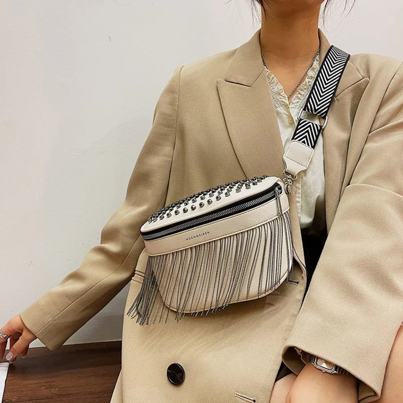 Big Woman Bling Chest Bag PU Tassel Leather Large Capacity