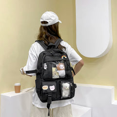 Women's Large School Backpack with Toy Bear, Preppy Style