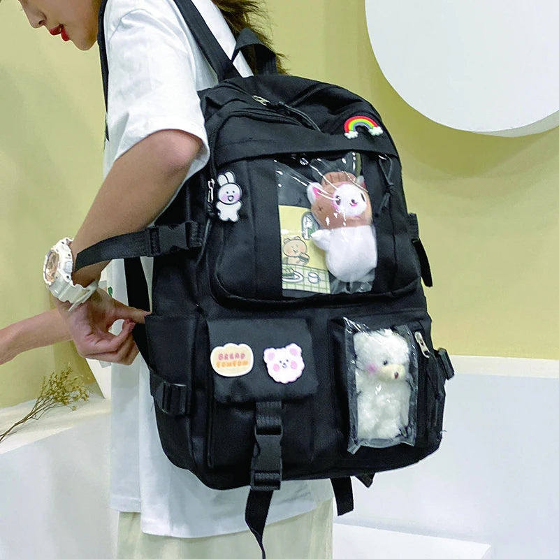 Women's Large School Backpack with Toy Bear, Preppy Style