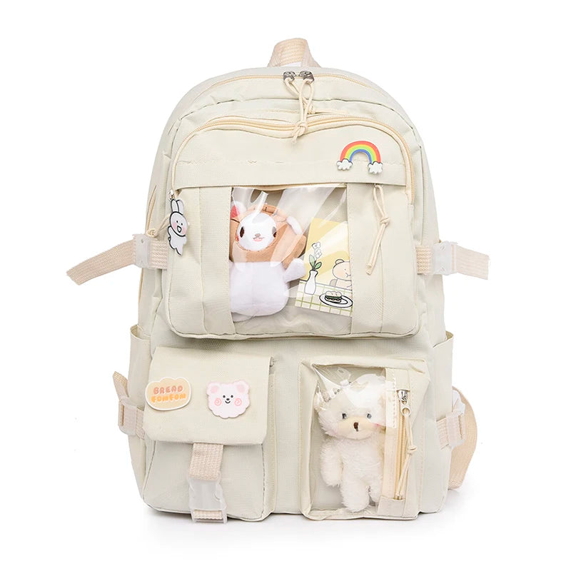Women's Large School Backpack with Toy Bear, Preppy Style
