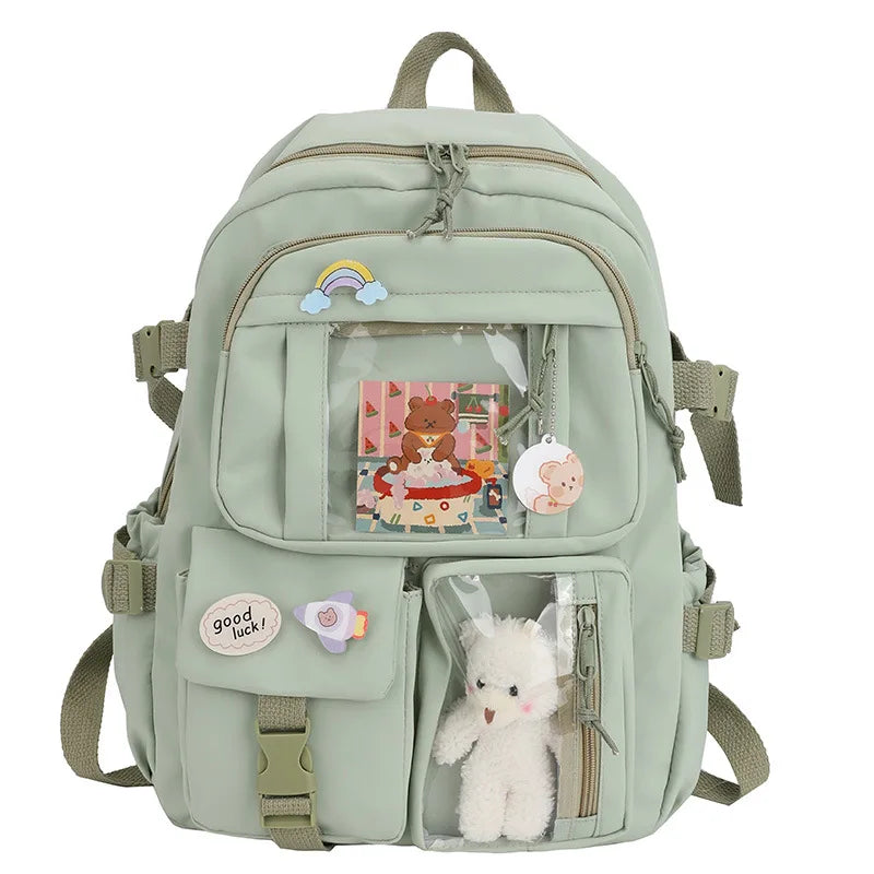 Women's Large School Backpack with Toy Bear, Preppy Style