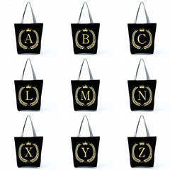 Initial Letter Crown Print Women's Shoulder Bag Name Women Travel Storage Bag