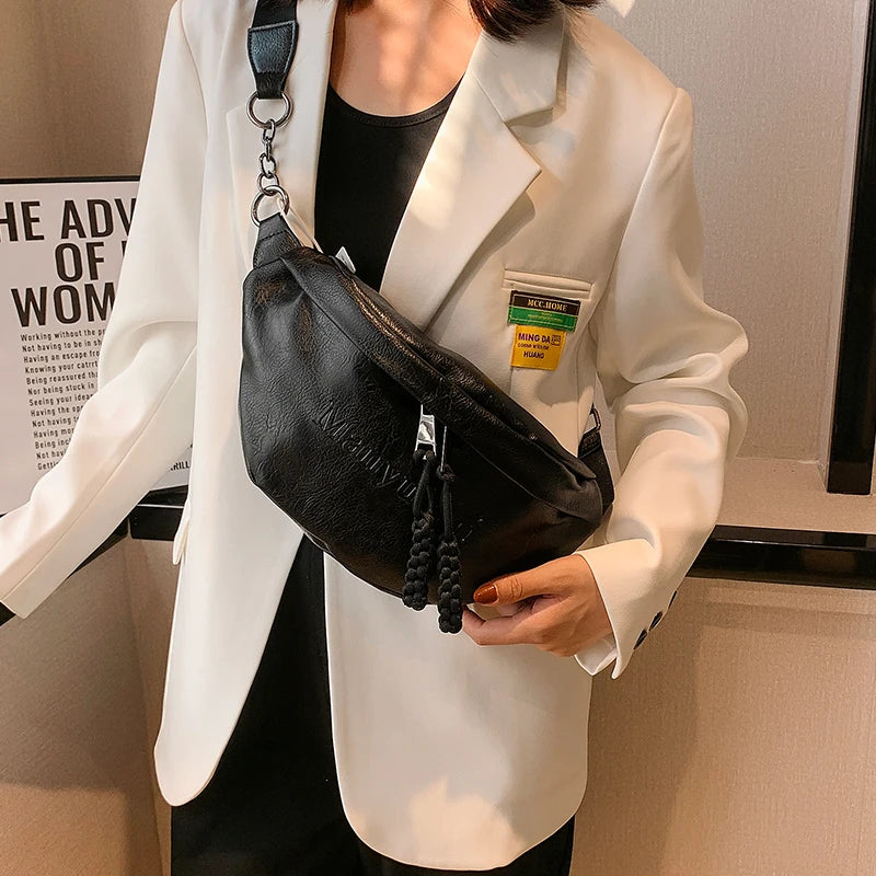 Women's Pu Leather Chest Bag Large Capacity Waist Pack