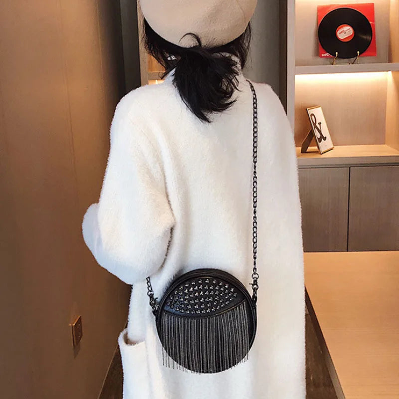 Women's Leather Shoulder Bag Chain Tassel Crossbody Clutch