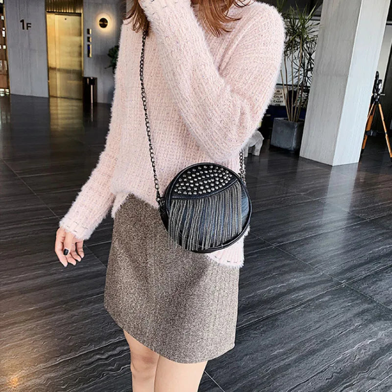 Women's Leather Shoulder Bag Chain Tassel Crossbody Clutch