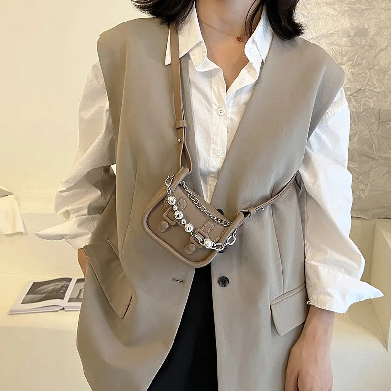Mini Beading Chain Shoulder Bag Lipstick Pocket Crossbody Handbag