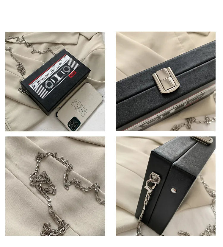 Cassette Tape Flap Crossbody Bag Mini Chains Small Pouch Purses PU Leather