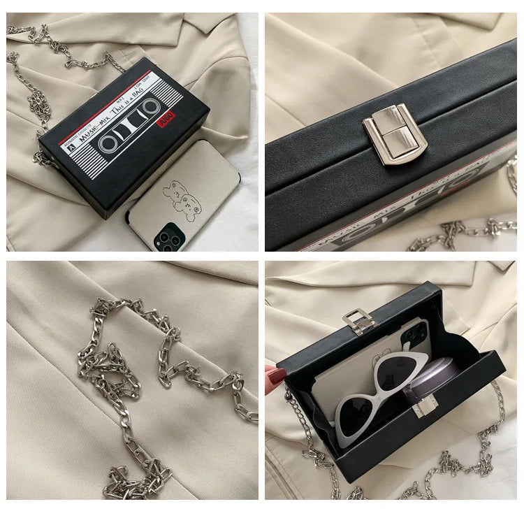 Cassette Tape Flap Crossbody Bag Mini Chains Small Pouch Purses PU Leather