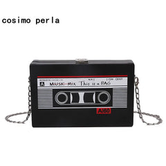 Cassette Tape Flap Crossbody Bag Mini Chains Small Pouch Purses PU Leather