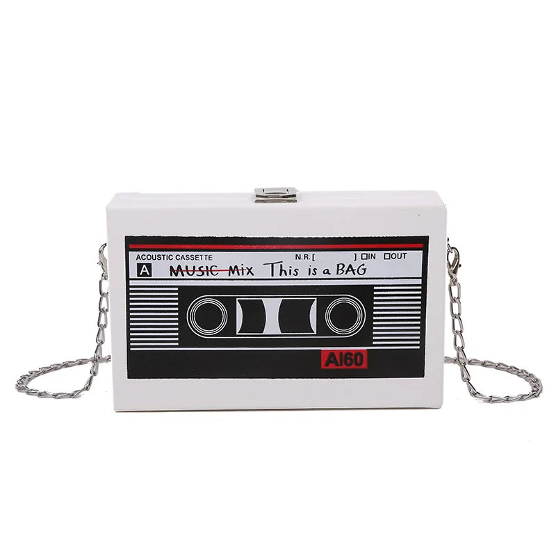 Cassette Tape Flap Crossbody Bag Mini Chains Small Pouch Purses PU Leather