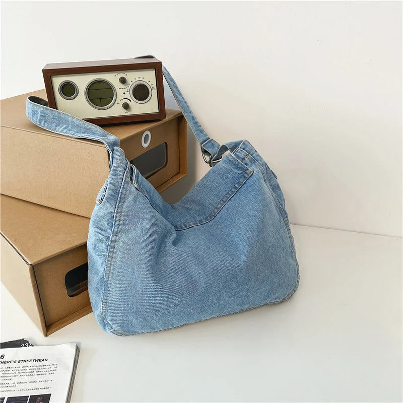 Fresh Youth Cotton Denim Shoulder Bag Solid Canvas Satchel