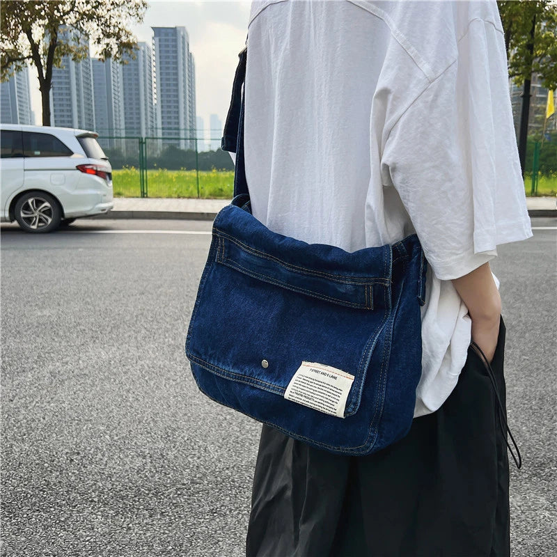 Fresh Youth Cotton Denim Shoulder Bag Solid Canvas Satchel