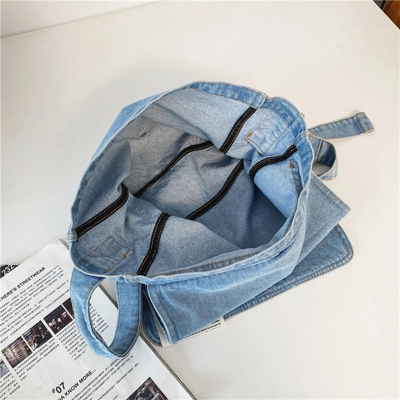 Fresh Youth Cotton Denim Shoulder Bag Solid Canvas Satchel
