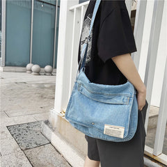 Fresh Youth Cotton Denim Shoulder Bag Solid Canvas Satchel