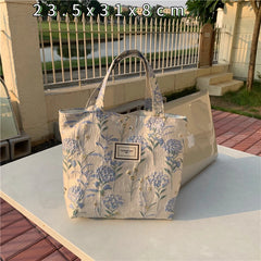 Flowers Canvas Tote Bag Jacquard Shoulder Handbag Vintage Lady Shopping Bags