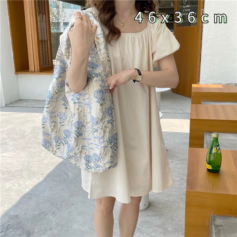 Flowers Canvas Tote Bag Jacquard Shoulder Handbag Vintage Lady Shopping Bags