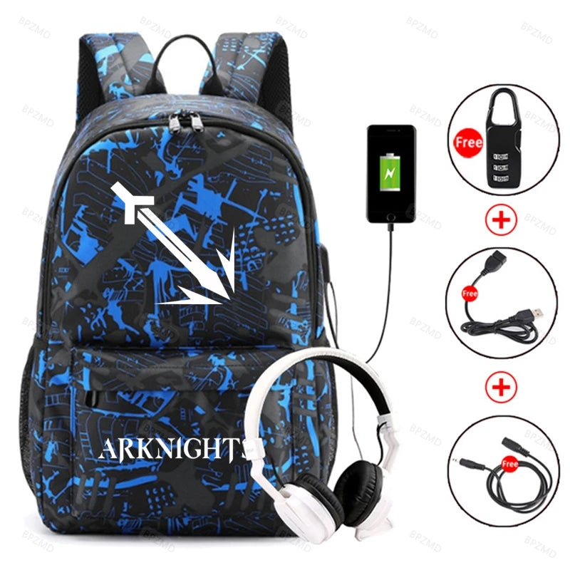 Arknights Anti-Theft Backpack USB Charging School Travel Bag