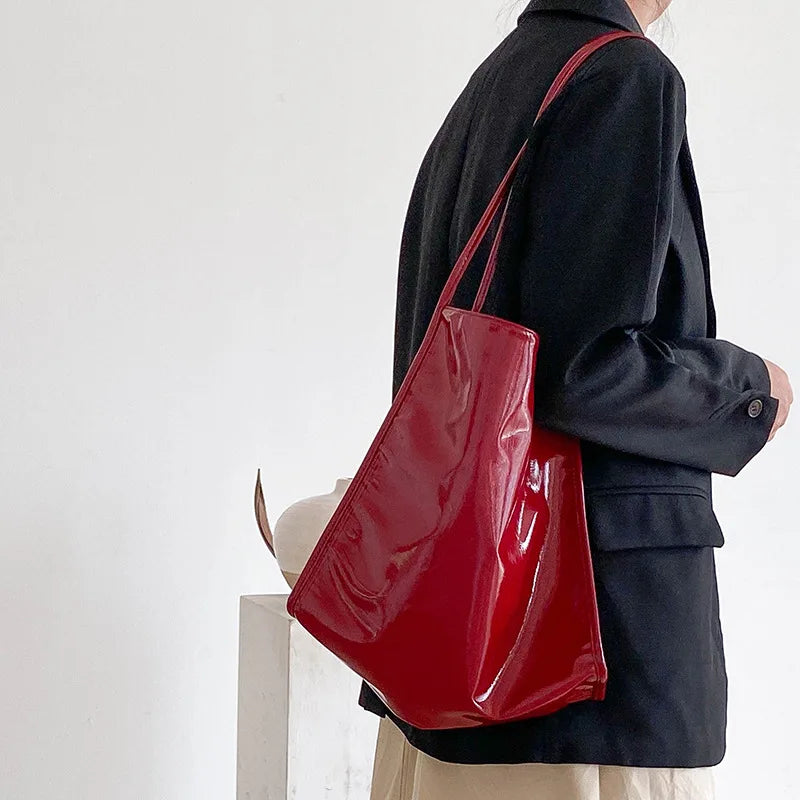 Patent Leather Shoulder Bag Large Capacity Tote Top Handle Purse