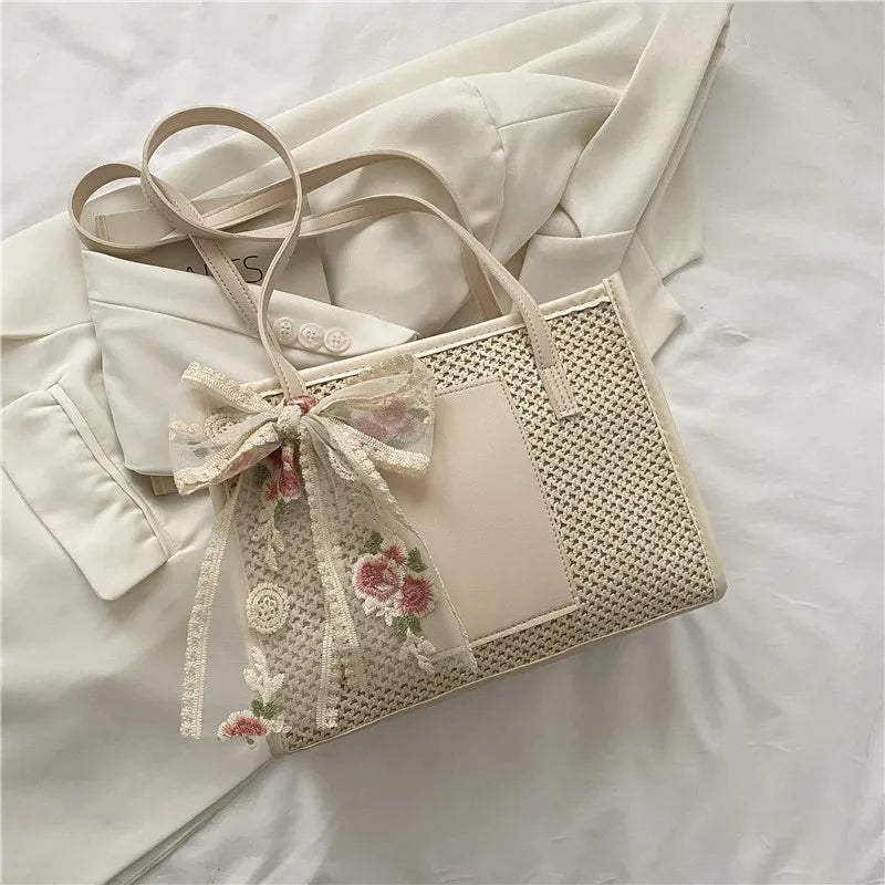 Bohemia Rattan Straw Bag with Floral Embroidery Bow