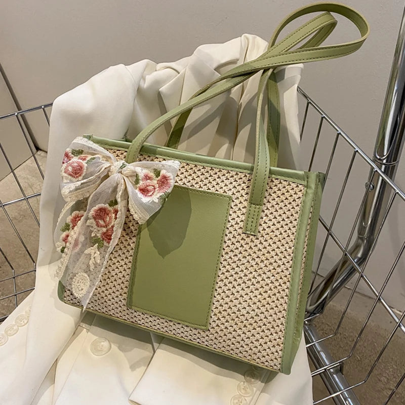 Bohemia Rattan Straw Bag with Floral Embroidery Bow