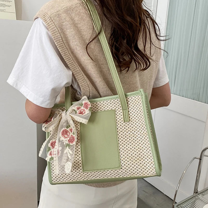 Bohemia Rattan Straw Bag with Floral Embroidery Bow