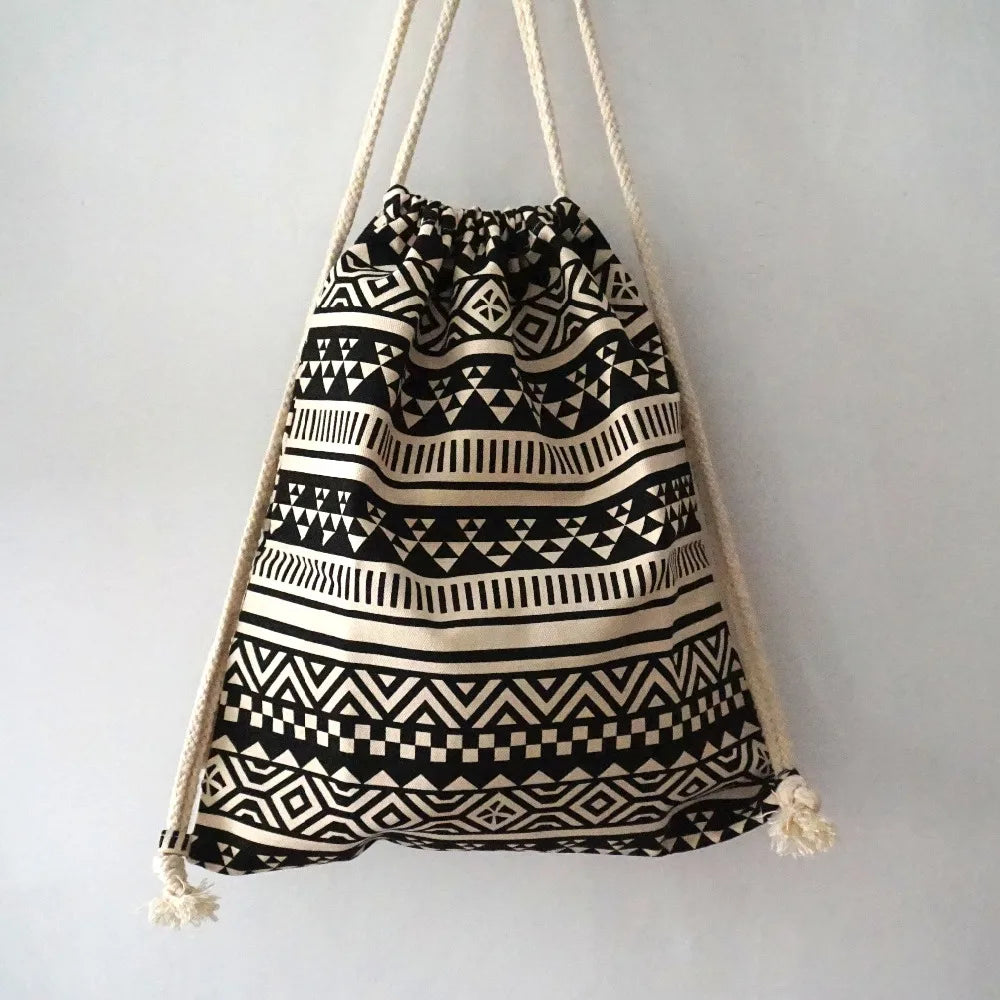 Bohemian Canvas Drawstring Backpack Bag for Women