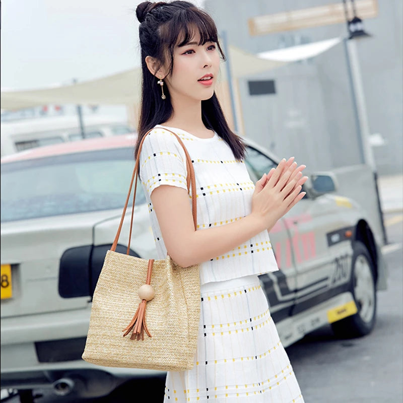 Bohemian Beach Casual Tote Bag Ladies Straw Rattan Crossbody Bucket Bag