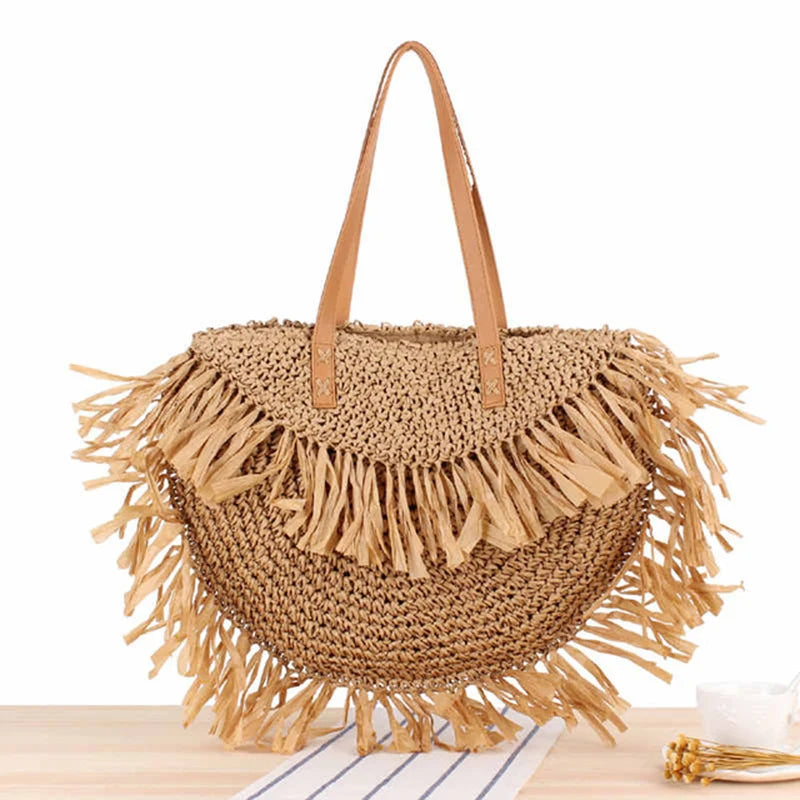 Bohemian Round Tassel Women Straw Bag Rattan Shoulder Bags Large Capacity